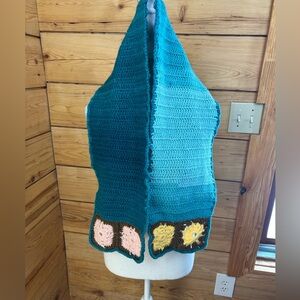 Vintage Handmade Teal Crochet Scarf‎ Floral Details Ling 50”
